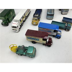 Corgi - eighteen unboxed and playworn/repainted die-cast commercial vehicles including Commer 5-Ton Wagon with drop-side trailer and two other 5-Ton wagons, Dodge Key Fargo, Jeep FC-150, two London Routemaster buses, Carrimore Trideck Transporter, two Carrimore Mark IV Transporters, Carrimore Low Loader, Ecurie Ecosse Racing Car Transporter etc (18)