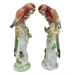 Pair of 20th century Dresden figures, modeled as parrot perched upon a tree stump, with makers mark beneath, H32cm 