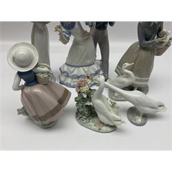 Five Lladro figures, to include How do you do 1439, Sweet Scent 5221, Shepherdess with duck 4568, etc and one Nao 