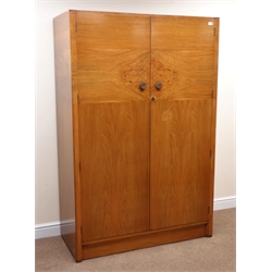  Mid 20th century figured mahogany double wardrobe, two doors enclosing fitted interior, plinth base (W122cm, H184cm, D55cm) and matching gentleman's wardrobe (W91cm, H173cm, D55cm)  