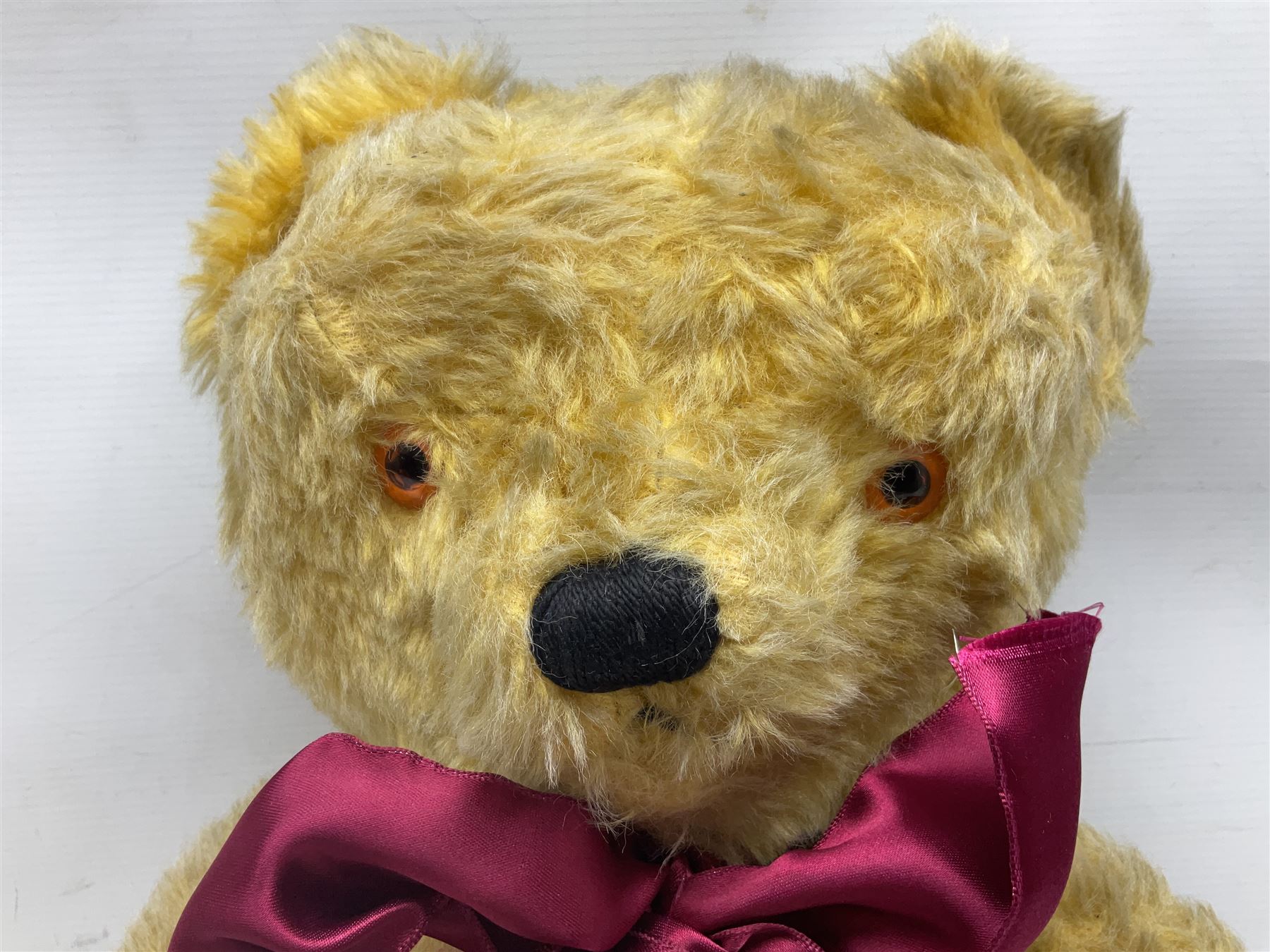 Large post-war Chad Valley plush covered teddy bear with revolving head, applied eyes, vertically stitched nose and mouth, jointed limbs and growler mechanism; stitched label to right foot and Hygenic Toys label to right side H73cm