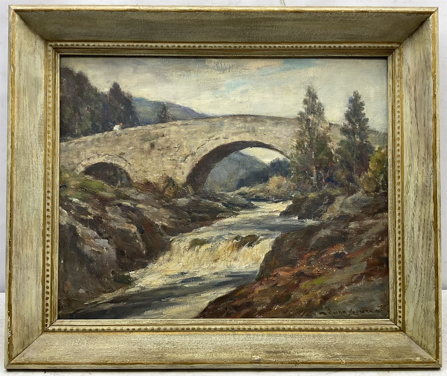 Owen Bowen (Staithes Group 1873-1967): 'A Highland Bridge - Sutherlandshire', oil on board signed, original title label verso 40cm x 50cm