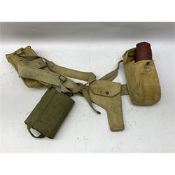 Swiss leather ammunition belt with six pouches containing empty clips; another leather ammunition belt with five pouches; WW2 1942 dated webbing belt hung with holster, water bottle, gaiters in pouch, ammunition pouches etc; HMAS Sydney pennant; four Royal Navy cap bands; and pair of goggles