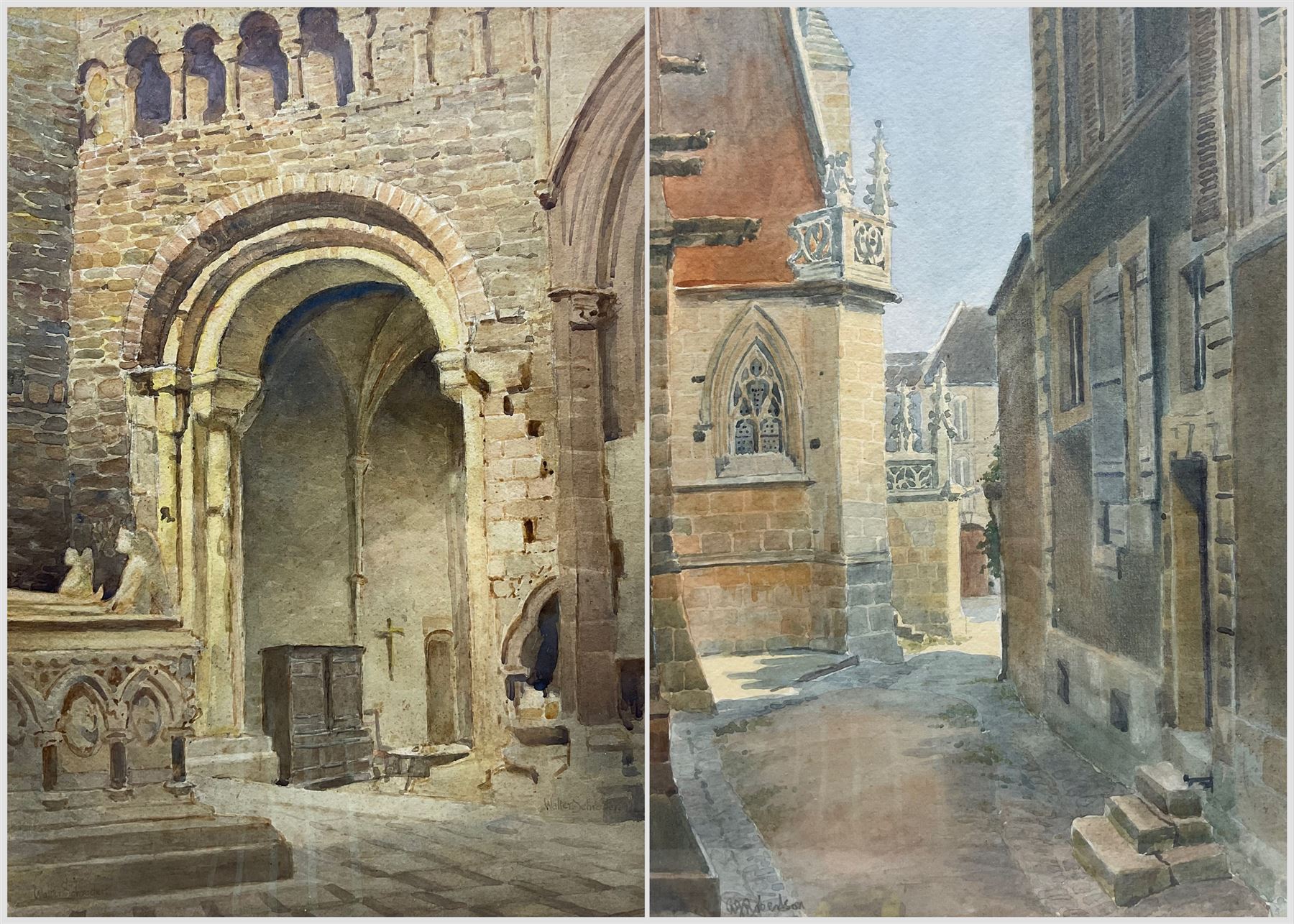 A J Robertson (British 19th Century): 'Holy Trinity - Falaise Normandy', watercolour signed, titled on original label; Walter Schroder (British 19th/20th Century): Church Altar and Interior, watercolour signed; together with a Norman Jackson watercolour and another print max 47cm x 35cm (4)