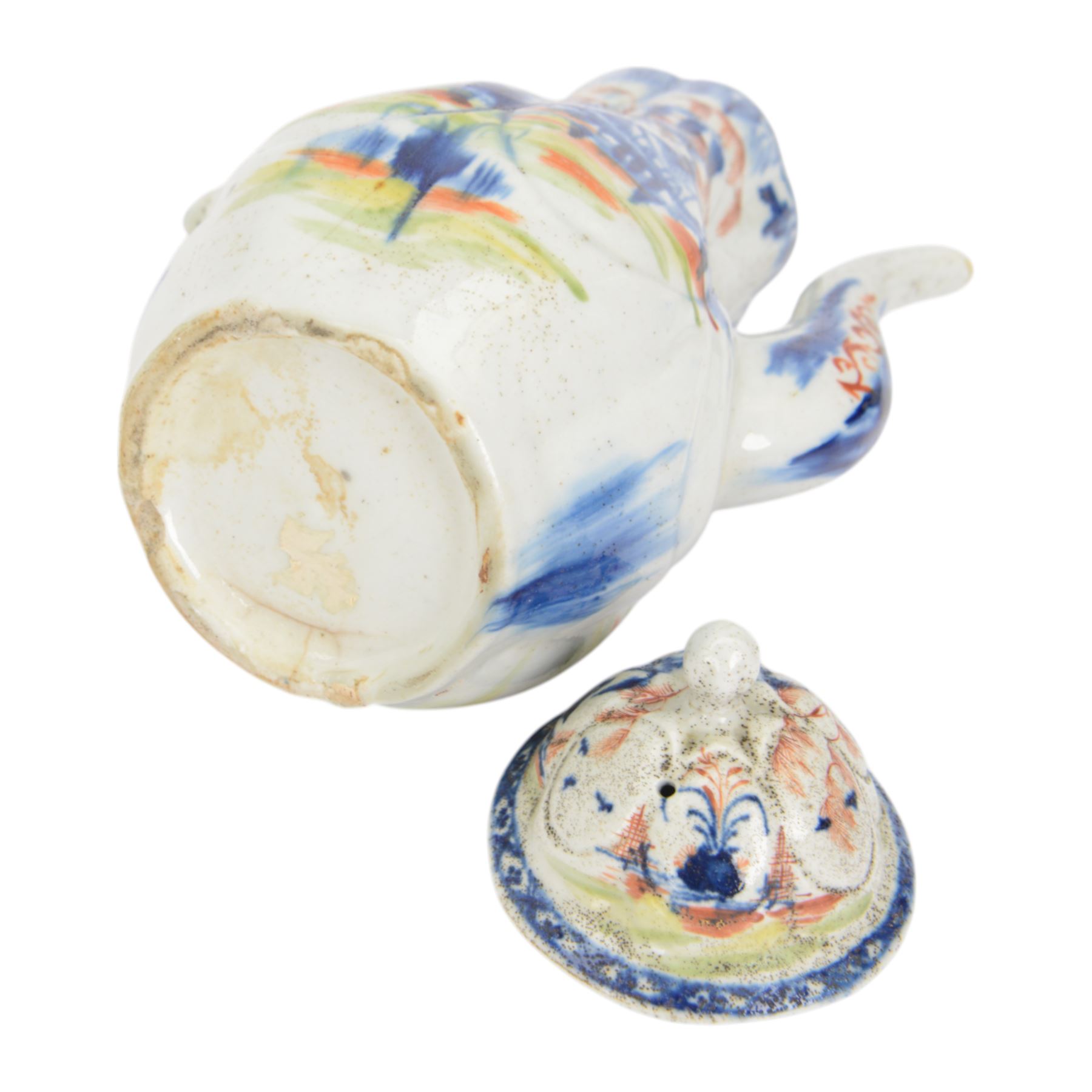 Rare mid 18th century West Pans coffee pot, circa 1764-1770, of baluster form, the moulded six lobed body decorated in underglaze blue with a chinoiserie landscape, picked out in red and green enamel, H26cm