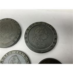 Two George III halfpenny coins dated 1799 and 1806, four pennies dated three 1806 and 1807, four 1797 cartwheel pennies and three 1797 cartwheel two pence coins