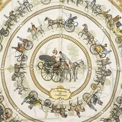 Hermes 'La Promenade de Longchamps' silk scarf in the cream pink and gold colourway, designed by Philippe Ledoux, 86cm x 86cm