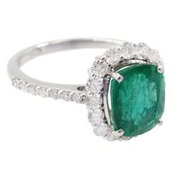 18ct white gold cushion cut emerald and round brilliant cut diamond cluster ring, with diamond set shoulders, stamped, emerald approx 2.30 carat