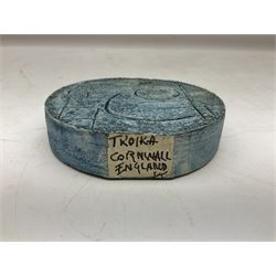 Troika wheel vase, with geometric design, upon a blue ground and painted mark beneath, H12cm 