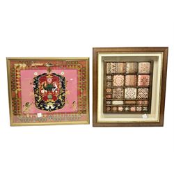 Two framed needleworks, the first example of a chrest 