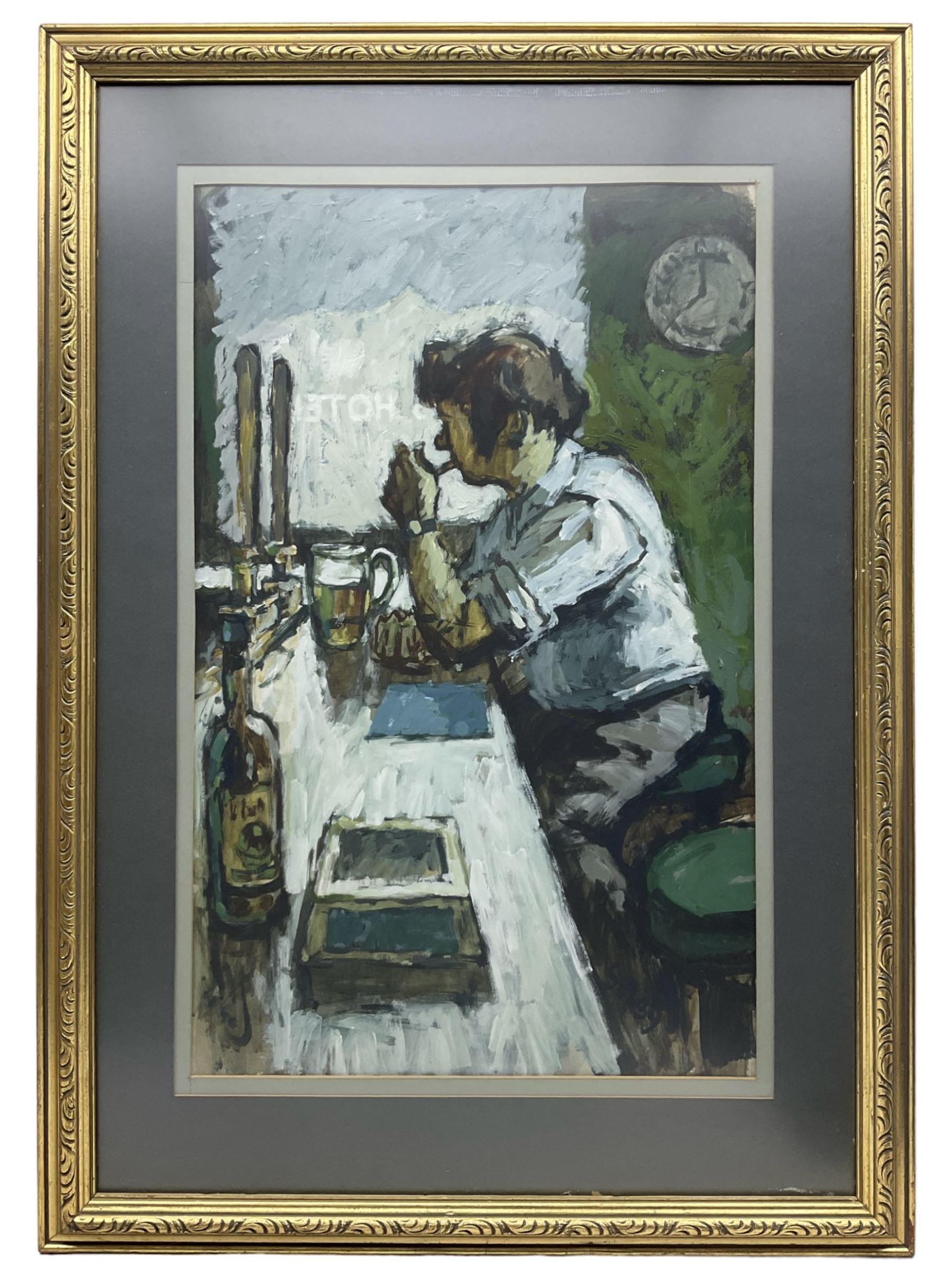 William Selby (Northern British 1933-): Smoking in the Hotel Bar, mixed media and oil on card signed 64cm x 41cm