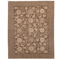 Indian Khetar hand knotted carpet, the brown ground decorated with an all over scrolling f...