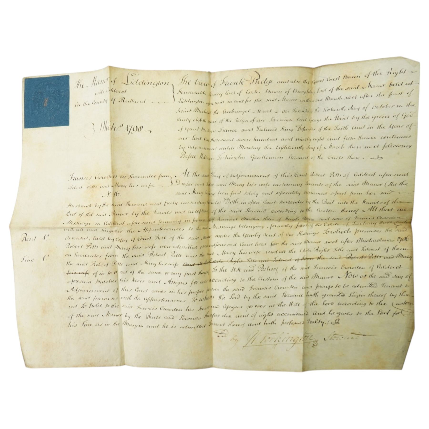 George III surrender of a tenancy in the Manor of Liddington in the county of Rutland, surrender of a tenancy on the same estate 1799 and two other indentures concerning the same estate; William and Mary indenture 1691,  Queen Anne indenture between John Waldrom of Oadby and George Durnor, mortgage document and other indentures