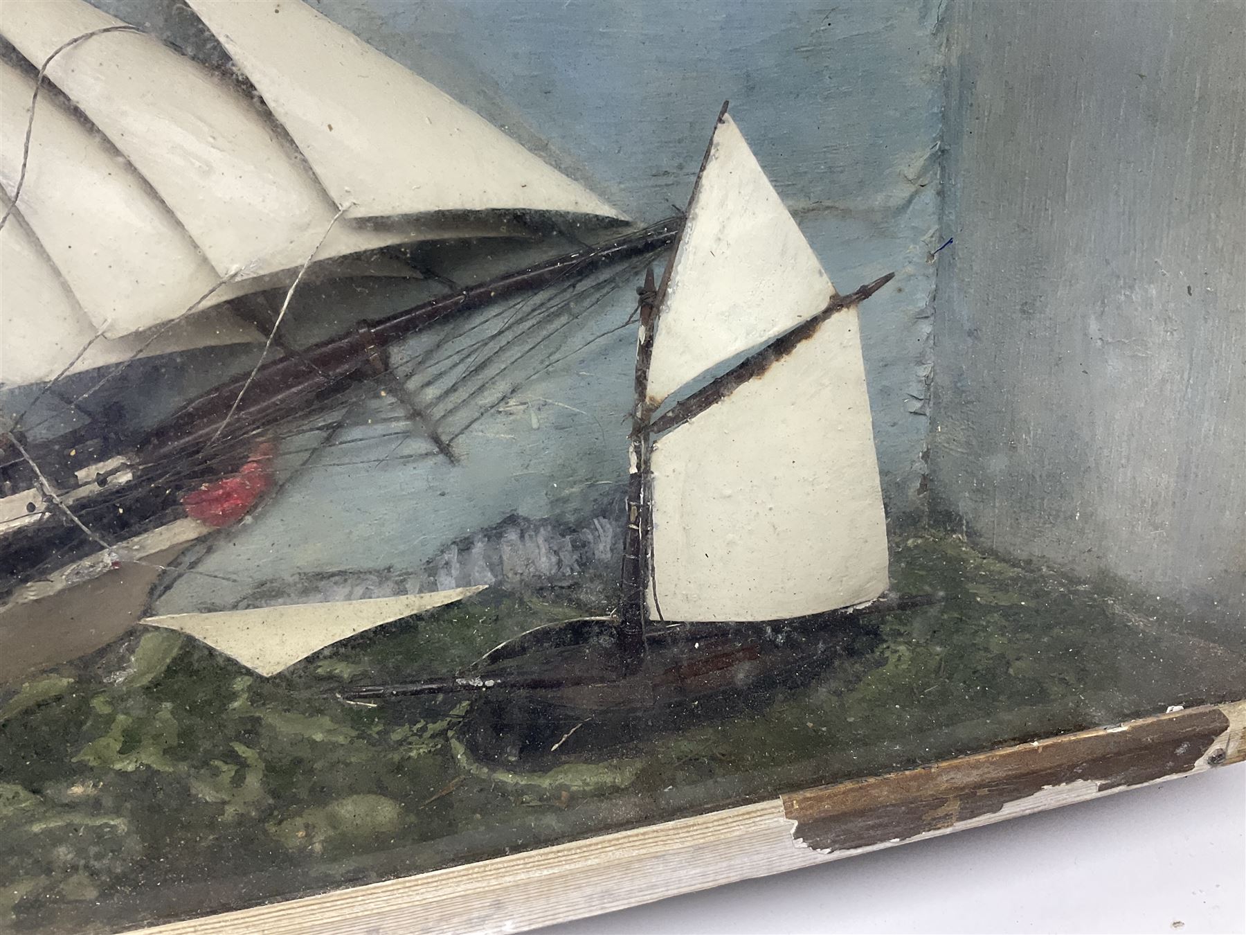 Ship Diorama, three-masted clipper at sea against a painted background, H52cm, L87cm