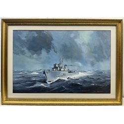 John Cooper (British 1942-): HMS Glasserton at Sea, gouache signed 47cm x 72cm 
Notes: the Ton-class minesweeper HMS Glasserton, built by JS Doig of Grimsby, launched on 3rd December 1953 and was broken up in 1987.