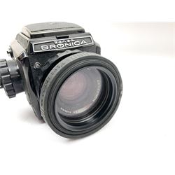 Zenza Bronica S2A medium format camera body, with Zenza Bronica Zenzanon MC '1:2.4 f-80mm' lens, together with Nippon Kogaku Nikkor-P '1:4 f-200mm' lens, Nikkor D.C '1:4 f-40mm' lens, two film backs and other camera equipment, housed in a hard flight case