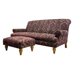 Multi-York - contemporary two-seat sofa, upholstered in damask fabric in shades of burgundy and beige, raised on turned and fluted supports; complete with matching footstool