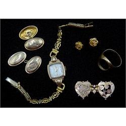  Pair of gold cufflinks stamped 9ct, pair rose shaped earrings hallmarked 9ct, Victorian brooch (no pin)  stamped 9ct and a ring shank hallmarked 9ct approx 10gm and a Rotary 9ct gold wristwatch on plated bracelet  
