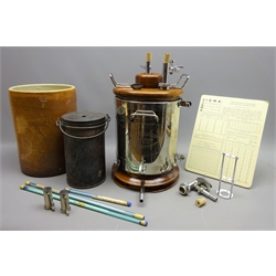  Scientific & Projections Ltd. Boys Calorimeter No.234, chromed metal body and fittings with polished wood base and lid, with three thermometers, copper water canister with handle & lid and Doulton Co.Ltd. Lambeth Saltglaze stoneware jar stamped 8, with three Thermometer Certificates 1971-72 & 81 and Sigma Calorific Values Table, H42cm max (qty)  