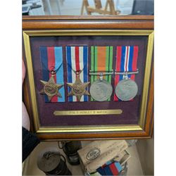 Set four framed WWII medals, further medals and a collection of ceramics and glassware, including Fenton chintz jugs, Minton Haddon Hall pin dish, etc