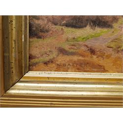J Baxter (British early 20th century): Moorland Path, oil on panel signed 16cm x 28cm