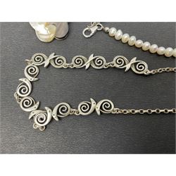 Ola Gorie silver spiral design necklace, hallmarked, together with a collection of beaded silver jewellery 