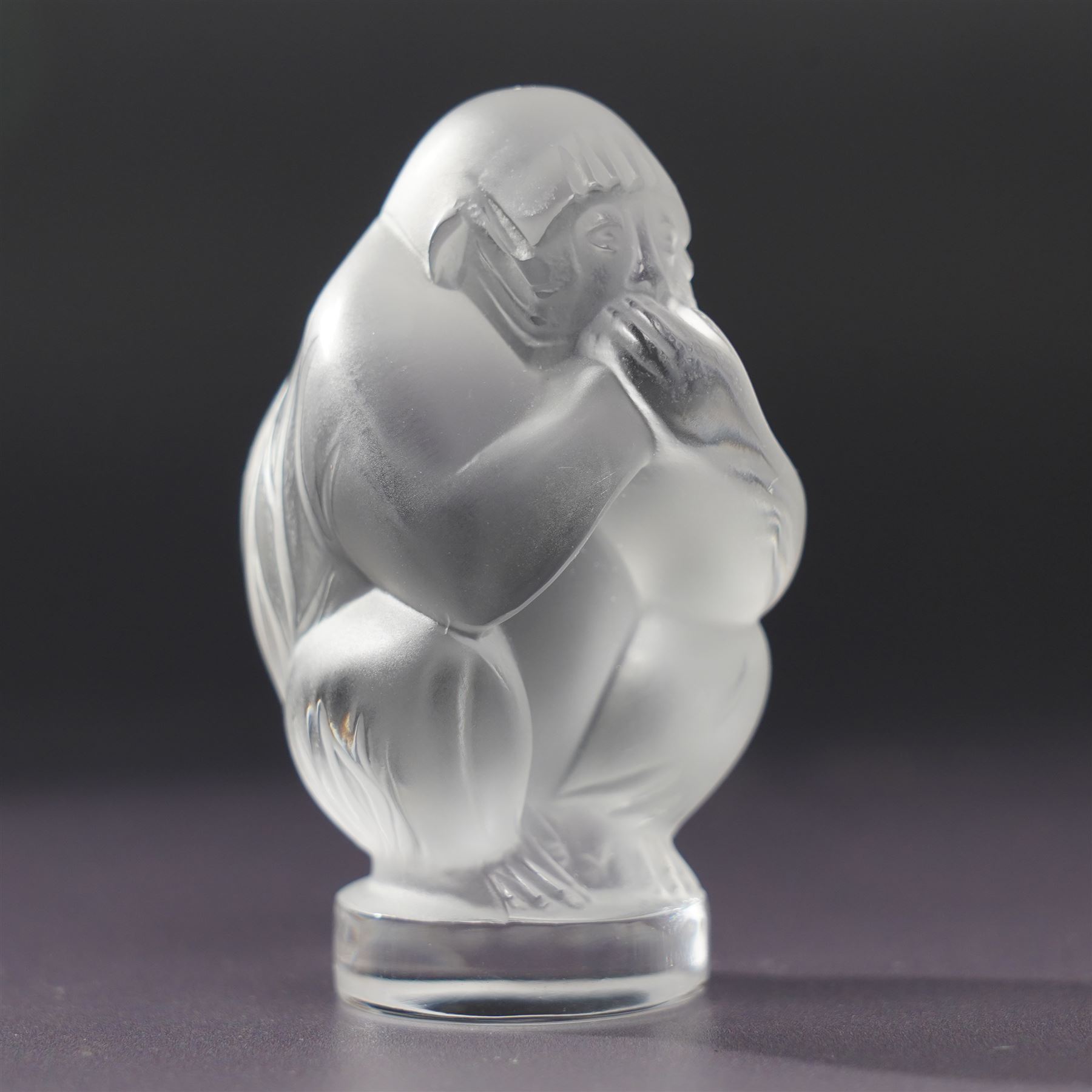 Set of three Lalique frosted glass monkey ornaments 'See no Evil