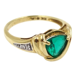 Gold green stone set ring, with diamond set shoulder, stamped 10K