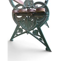 Coalbrookdale - Lily Pad design cast iron an wood slatted garden bench, late 19th century Aesthetic Movement, no. 217569, painted in green with iron centre support and seat stretcher, hardwood slatted