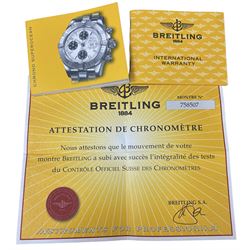 Breitling Superocean gentleman's stainless steel automatic chronograph wristwatch, Ref. A13340, blue dial with triple register recording hours, minutes and continuous seconds and date aperture, boxed with papers and additional links