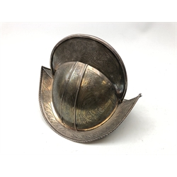  16th century style electroplated Spanish Morion helmet, all over decorated with scrolls and leafage, H23cm, W21cm  