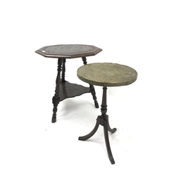 Eastern brass top occasional table, turned column on three sabre supports (D38cm, H63cm) and a Victorian nonagon oak occasional table, heavily carved, three turned supports joined by solid undertier (W62cm, H67cm)