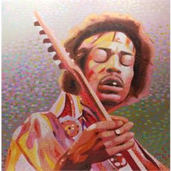 Peter J Bailey (British 1951-): Jazz Series - 'Jimi Hendrix', oil on canvas signed and inscribed verso 99cm x 99cm (unframed)