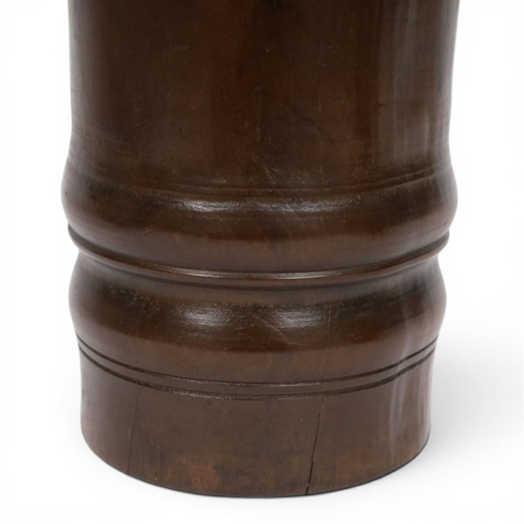 18th century turned fruitwood mortar, of tall proportions and cylindrical form with ring turned and moulded detail, 22.5cm 