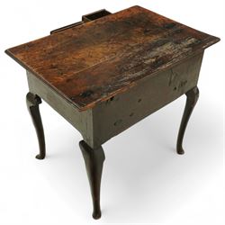 18th century oak lowboy, the three frieze drawers fitted with later brass handles, over shaped apron and cabriole legs with pad feet