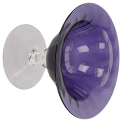 Gillies Jones of Rosedale oversized wine glass, decorated with white abstract decoration, together with a smaller Gillies Jones of Rosedale trumpet shaped wine glass with applied coloured glass ribbon to stem and a Deborah Fladgate purple fluted glass dish, all signed to base, tallest H24.5cm