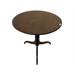 19th century mahogany tripod table, circular tilt top on turned pedestal, three splayed supports
