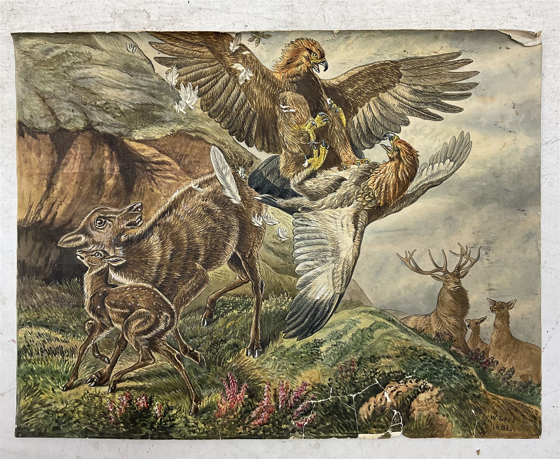 W Lees (British Late 19th Century): The Hunt and An Eagle Fight, pair unframed watercolours signed, dated 1881 max 33cm x 43cm (2)