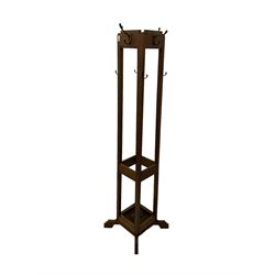Early to mid-20th century Art Deco design free-standing hallstand, fitted with hooks and metal drip tray, on splayed and stepped feet