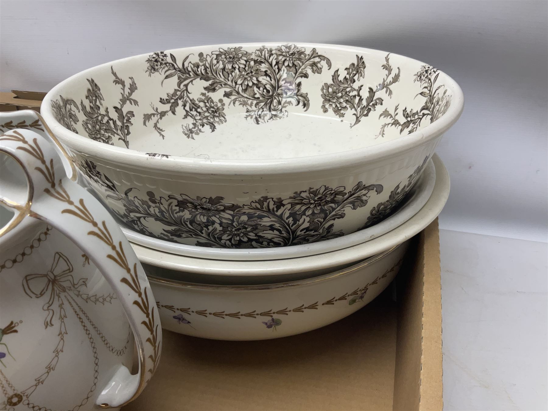 Spodes velamour twin handled mantel vase, together with Royal Doulton wash stand set, Royal Worcester coffee cans and saucers and other ceramics, in six boxes 