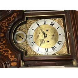 Early 19th century inlaid and cross banded mahogany London style longcase clock, brass arched dial, Roman and Arabic numerals, second and month subsidiary, lattice spandrel, eight day movement, automatic night time silent and strike mode, H242cm (two weights and pendulum)