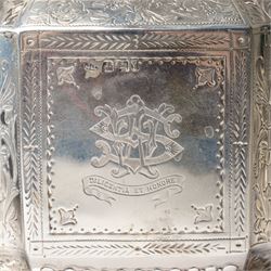 Victorian silver tea and coffee set engraved with classical urns, oval paterae and scrolling foliage, monogram and 'Diligentia et Honore' comprising teapot, tea kettle on spirit heater stand, coffee pot, two handled sugar bowl and cream jug Sheffield 1891 Maker John Round & Son Ltd