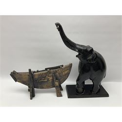 Carved ebonised elephant, together with a copper coffee pot and other collectables 