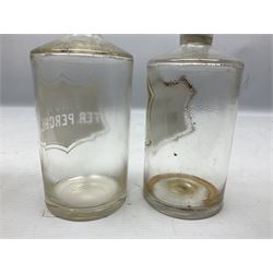 Three Victorian apothecary chemist bottles complete with labels and glass stoppers, H22cm