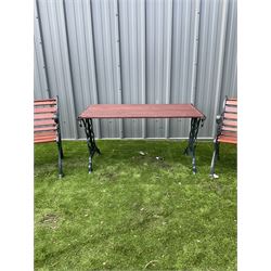 Painted cast iron and wood slated table and two chairs  - THIS LOT IS TO BE COLLECTED BY APPOINTMENT FROM DUGGLEBY STORAGE, GREAT HILL, EASTFIELD, SCARBOROUGH, YO11 3TX