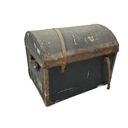 Early 20th century travel trunk, domed top with leather straps and metal rivet detailing, wooden frame with black canvas covering, interior lined with striped fabric, manufacturers mark to the inside 