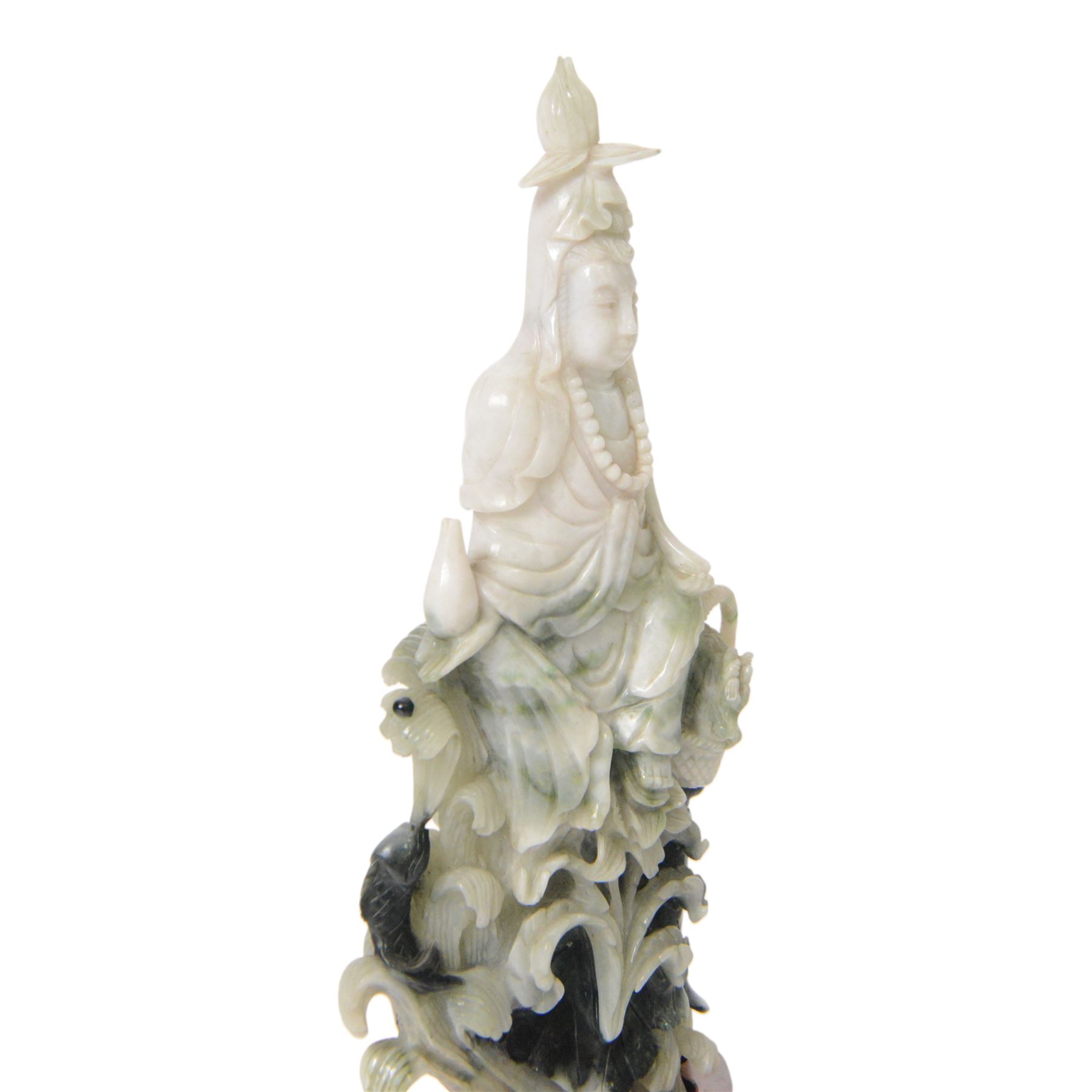 Chinese carved hardstone figure of Guanyin on wooden base, H31cm