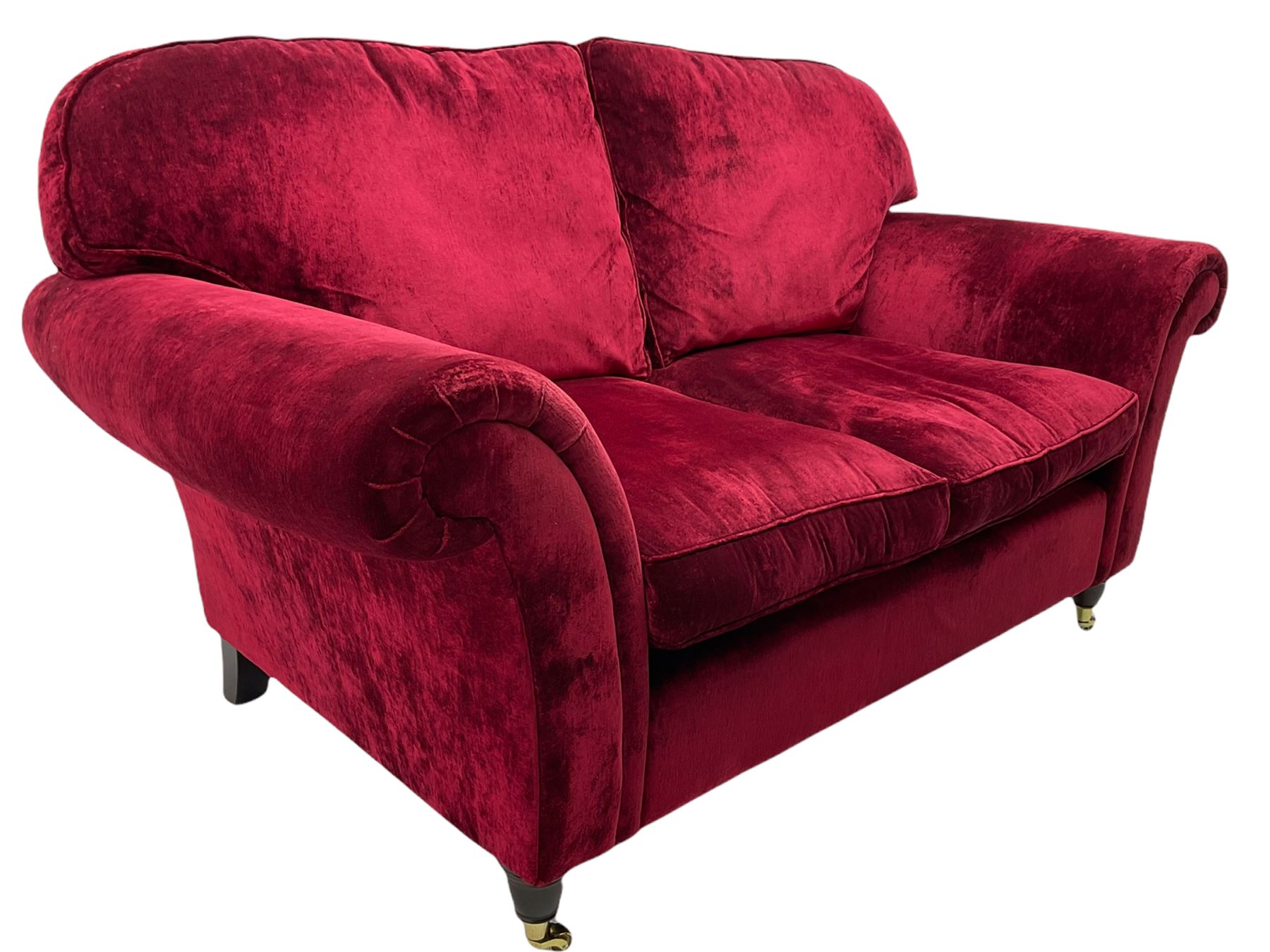 Laura Ashley - traditional shaped three seat sofa (W225cm, D95cm), and matching two seat sofa (W182cm), upholstered in crushed red velvet fabric 