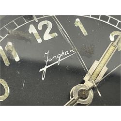 WW2 Jungans Luftwaffe aircraft cockpit clock with luminous centre sweep seconds hand, baton hour and minute hands, regulation 45mm black dial with date recorder, formerly illuminous Arabic numbers and minute track, rotating bezel (seized), going barrel movement with a lever escapement serial No 22901 jewelled to the centre wheel, over-sprung balance with timing  screws, max.H8cm