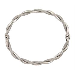 9ct white gold textured and polished hinged bangle, hallmarked